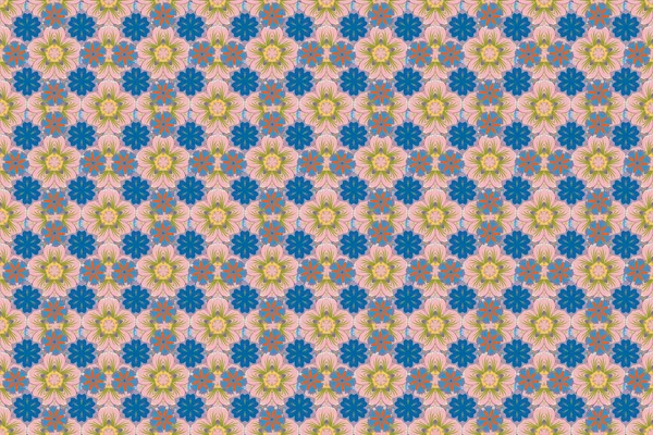 Textile print for bed linen, jacket, package design, fabric and fashion concepts. Raster seamless pattern with flowers and leaves in pink, yellow and blue colors. Watercolor floral background.