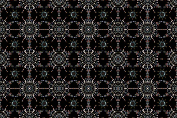 Decorative Blue Orange Brown Snowflakes Pattern Raster Seamless Pattern Black — Stock Photo, Image