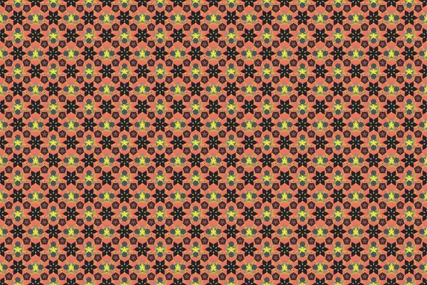 Kumaş, tekstil, duvar kâğıdı ve ambalaj için zarif bir retro süs. Sarı, turuncu ve kahverengi renkli oldukça küçük çiçeklerle el çizimi parlak, pürüzsüz çiçek deseni. Raster illüstrasyonu.