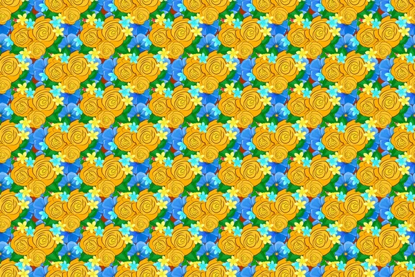 Sarı, yeşil ve mavi yapraklı kusursuz desenler. Hint batik tarzı gül çiçekleriyle klasik desen. Çiçek raster arka planı.