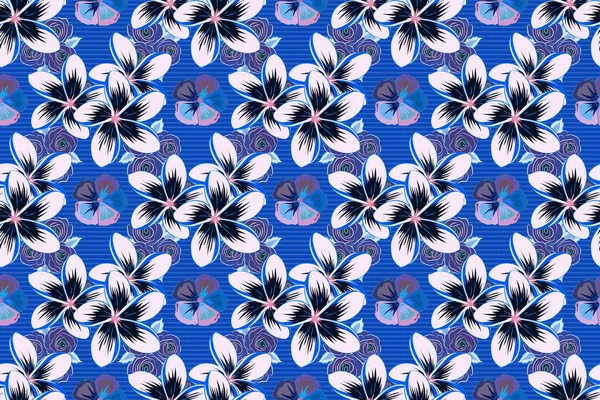 Stock Raster Illüstrasyonu Plumeria Çiçeklerinin Kusursuz Deseni Siyah Mavi Renklerde — Stok fotoğraf