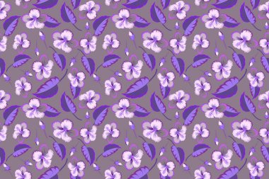 Dekoratif mor, pembe ve menekşe çiçeği desenli zarif, pürüzsüz bir desen. Düğün davetiyeleri için çiçek deseni, tebrik kartları, hatıra defteri, baskı, hediye paketi, kumaş imalatı, tekstil