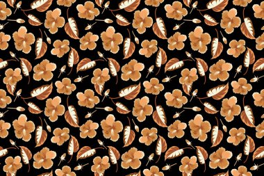 Hawaii Aloha Shirt 'ünün kusursuz desenli kahverengi ve turuncu renkli siyah arka planda kusursuz tasarımı..