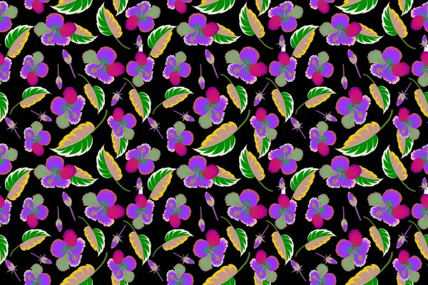 Tシャツのプリントのためのハイビスカスの花のイラストとアロハタイポグラフィ 黒を背景に緑と紫の色でイラスト — ストック写真