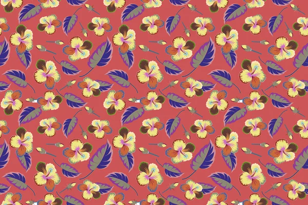 Handgezeichnete Malerei Von Blauen Rosa Und Gelben Hibiskusblüten Nahtloses Muster — Stockfoto