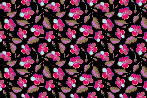 Hibiscus in pink and magenta colors on a black background. Aloha hawaiian shirt.