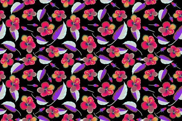 ハイビスカスの花は マゼンタとピンクの色の黒の背景にシームレスなパターン — ストック写真