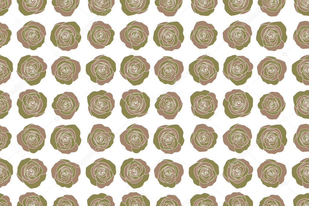 Brown and green flower petals, close up roses, beautiful abstract seamless pattern.
