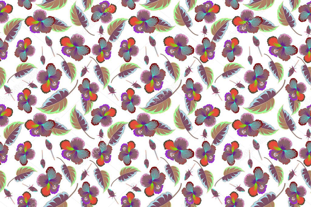 Aloha Hawaiian Shirt Hibiscus Pattern On white Background in purple and pink Colors.