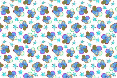 Tropikal bitkiler ve mavi ve yeşil renkli amber çiçekleri ile yaz Hawaii 'nin pürüzsüz desenleri. Beyaz bir arkaplanda resim.