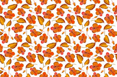 Tropikal bitkiler ve sarı ve turuncu renklerde amber çiçekleri ile yaz Hawaii 'de pürüzsüz desen. Beyaz bir arkaplanda resim.