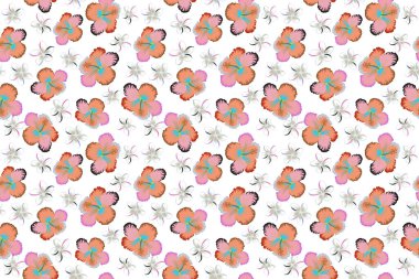 Aloha tipografisi amfibik çiçekli tişört baskısı, beyaz arkaplanda pembe ve mavi renklerde kusursuz desen çizimi.