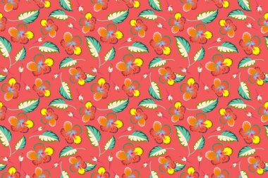 Turuncu, yeşil ve pembe renklerde klasik çiçeksiz desen.