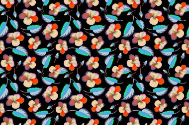 Turuncu ve bej renklerde, siyah arkaplan üzerinde suluboya etkisi olan kusursuz tropikal amber çiçeği deseni..