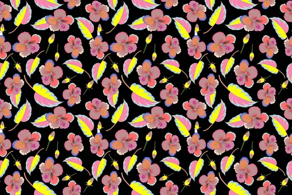 黄色とピンクの色のシームレス熱帯の花 黒の背景にハイビスカスのパターン — ストック写真