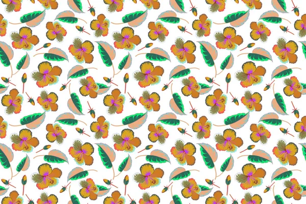 Floral seamless pattern. Various hibiscus hawaiian tropical flowers in yellow and green colors on a white background.