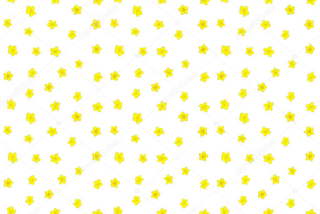 Seamless color background in beige and yellow colors. Seamless pattern with small flower blossoms. Hand drawn illustration.