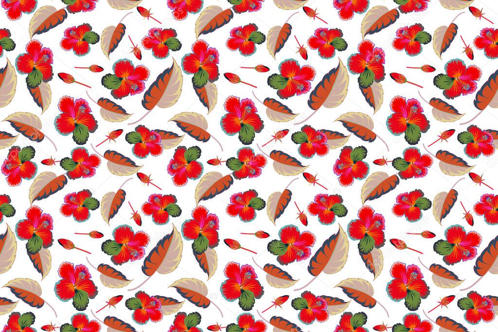 Bright hawaiian design with tropical plants and hibiscus flowers in orange and red colors on a white background.