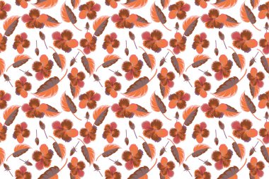 Kahverengi ve turuncu renklerde beyaz bir arka planda Hibiscus çiçekleri pürüzsüz desen.