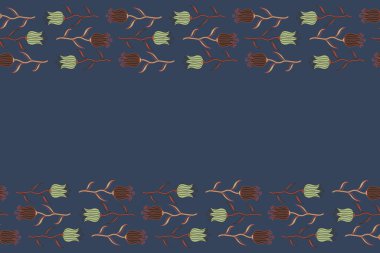 Soyut yatay yay dekoratif lale deseni mavi, kahverengi ve pembe renklerde kopya alanı ile (metin için yer). Lale simgesi.