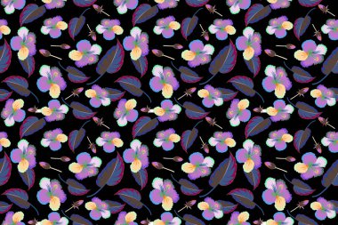 Siyah zemin üzerinde suluboya etkisi olan mor ve mavi renklerdeki tropikal amber çiçeklerinin kusursuz deseni.