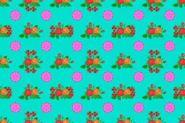 Yatak çarşafları, ceket, paket tasarımı, kumaş ve moda kavramları için tekstil baskısı. Suluboya efektli çiçek arkaplanı. Çiçekler ve yapraklar pembe, yeşil ve mavi renklerde kusursuz desen.