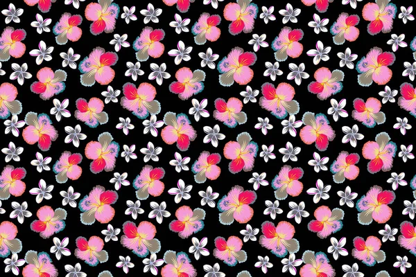 Helles Hawaiianisches Nahtloses Muster Mit Tropischen Hibiskusblüten Auf Schwarzem Hintergrund — Stockfoto