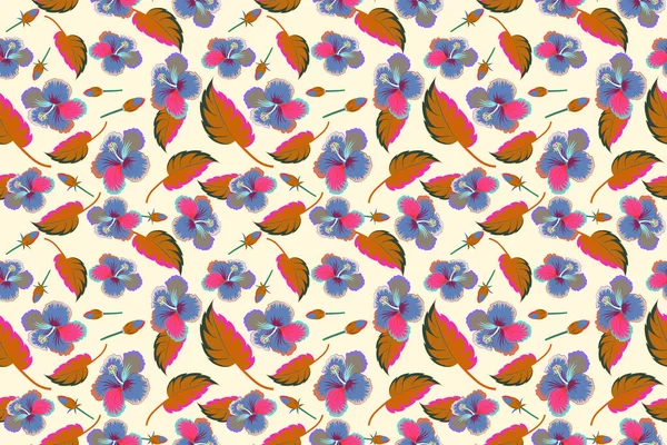 Flower Illustration Seamless Floral Pattern Beige Orange Blue Hibiscus Flowers — Stock Photo, Image