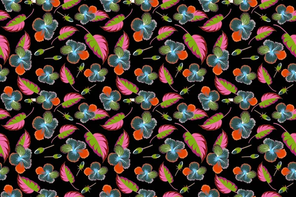 Цветочные Черном Фоне Тропический Бесшовный Цветочный Узор Цветками Гибискуса Зеленого — стоковое фото
