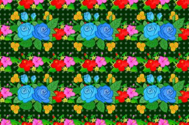 Yeşil bir arka planda gül çiçekleri pürüzsüz desen. Sevimli Raster çiçek arkaplanı.