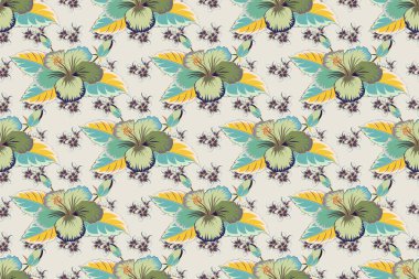 Gri, sarı ve mavi renklerde suluboya efektli tropikal amber çiçeğinin pürüzsüz deseni.