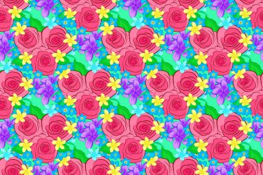 Gül çiçekleri, yeşil yapraklar, dekoratif elementler, sıçramalar, lekeler ve yeşil bir arka plan. Karalama çizim biçimi, el çizimi illüstrasyon.