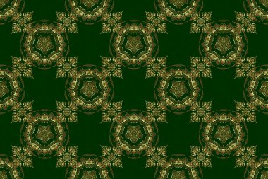 Raster illüstrasyonu. Altın yıldızlı zarif altın süs, süslü yeşil arka planda filigran dekoru. Lüks çiçeksiz desen, düğme desenli doku, eski tarz dekoratif elementler..