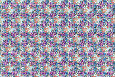 Suluboya çiçekleri pembemsi, mavi ve mor renklerde kusursuz desenli. Raster romantik arka plan web sayfaları, düğün davetiyeleri, tekstil, duvar kağıdı.