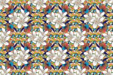 Bej, beyaz ve mavi renklerde kusursuz çiçek deseni. Plumeria çiçekleri pürüzsüz desen.