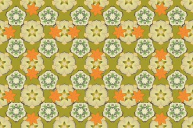 Kusursuz çiçek süsü. Kraliyet çiçeğiyle modern çiçek deseni. Sarı, turuncu ve bej renklerde renk yönelimli desen.