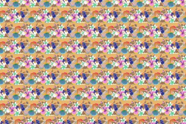 Bej ve mavi renklerde sulu boya buketi olan romantik, pürüzsüz desenler. Geçmişi, tekstili, ambalaj kağıtları, tebrik kartları için. Raster illüstrasyonu.