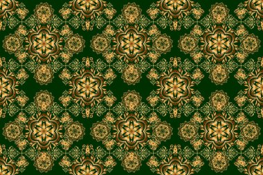 Noel kartları, dekorasyon, menüler, ağ, afişler ve şarap ve tatillerle ilgili tasarımlar için iyidir. Raster illüstrasyonu. Yeşil arka planda altın elementlerle kusursuz desen.