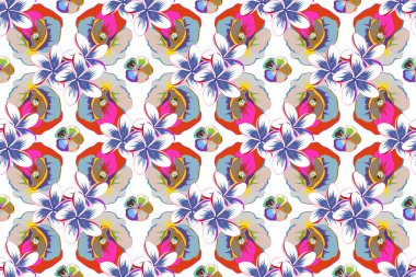 Haşhaş çiçekleri, yapraklar, dekoratif elementler, sıçramalar, lekeler ve beyaz bir arka plan. El çizimi hatlar ve vuruşlar. Karalama çizim stili, el yapımı sanat.