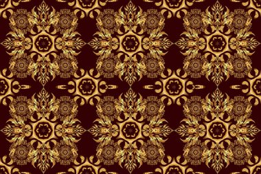 Geleneksel klasik altın ve kahverengi desenler. Kahverengi arka planda barok tarzında, doğulu süslemeler. Raster illüstrasyonu.