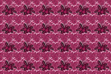 Raster dikişsiz çiçek deseni, Tespih çiçekleri, yapraklar, dekoratif elementler, sıçrama, lekeler ve pembe, morumsu ve mor renkler. Karalama çizim biçimi, el çizimi illüstrasyon.