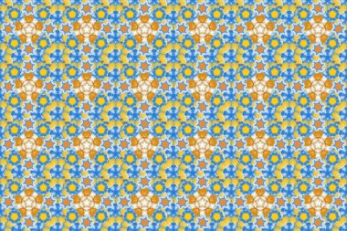 Raster kusursuz Noel süsü deseni. Parlak arkaplan çizimi mavi, sarı ve turuncu renklerde.