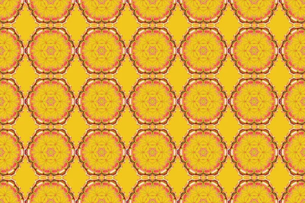 Oriental style. Design for fabric, textile, invitation, wrapping and book covers. Hand drawn illustration. Damask seamless pattern in red, pink and yellow colors. Raster vintage floral ornament.