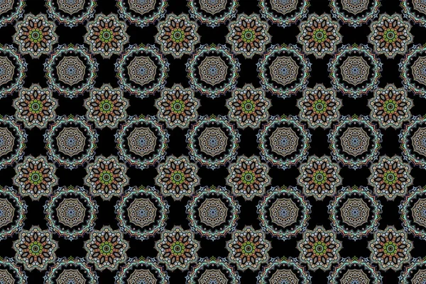 Green Blue Colors Black Background Ikat Damask Seamless Pattern Background — Stock Photo, Image
