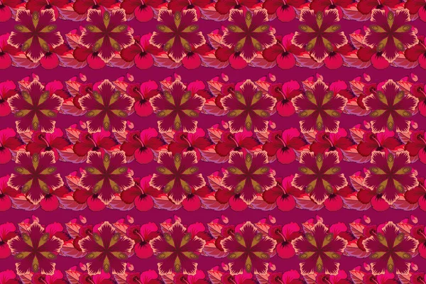 Stylish wallpaper with flowers. Floral seamless pattern with blooming flowers and leaves in purple, pink and red colors. Abstract raster background.