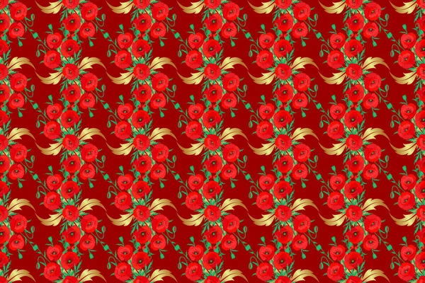 Безшовний Квітковий Візерунок Стилізованими Маковими Квітами Червоному Тлі Растрова Ілюстрація — стокове фото