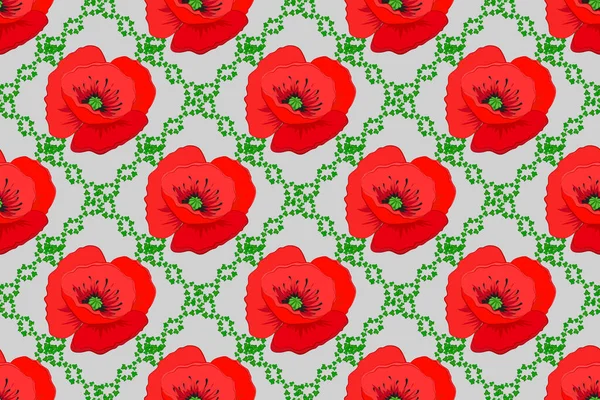 Naadloos Bloemenpatroon Een Grijze Achtergrond Met Bonte Papaverbloemen Rasterillustratie — Stockfoto