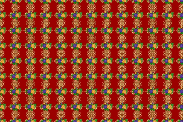 Raster Seamless Pattern Rose Flowers Gold Green Leaves Red Background — Stock Photo, Image