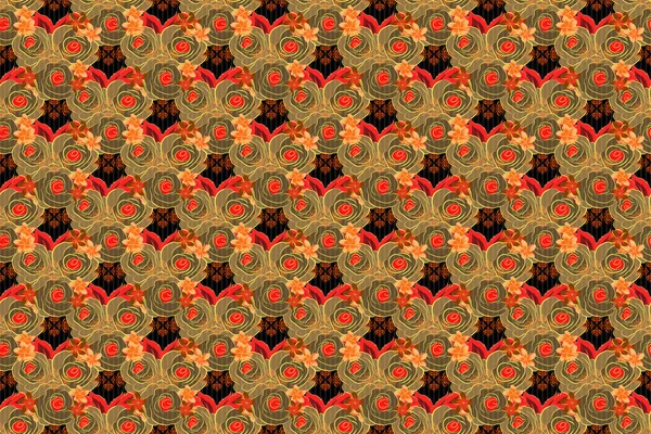 Yellow, orange and red roses pattern. Hand drawn rose flowers. Vintage flower seamless pattern. Flower pattern with roses. Raster floral sketch.