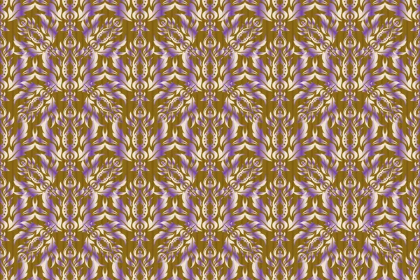 Vintage ornamental background with victorian pattern in brown, violet and beige colors. Raster illustration. Seamless damask pattern.